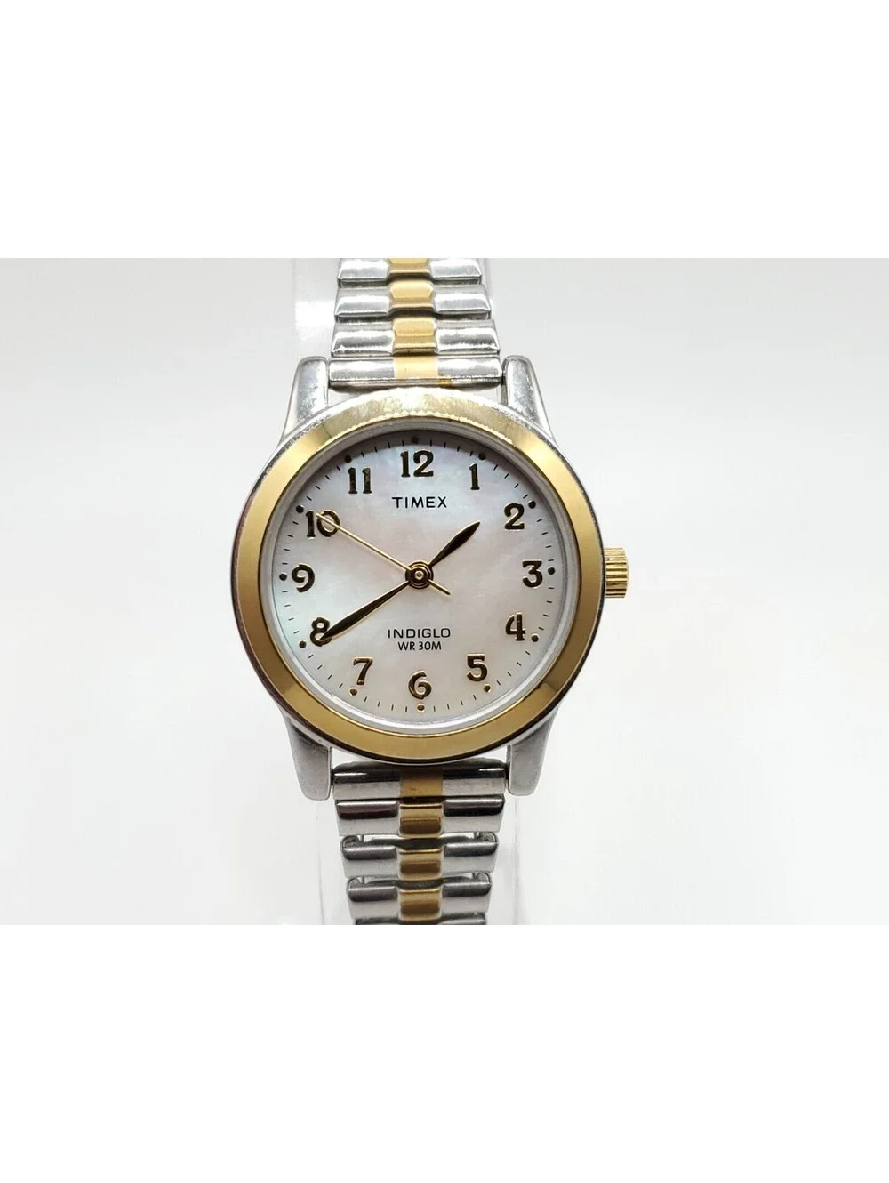 Timex Indiglo MOP Dial Two-Tone Expandable Band Women Watch New Battery 25mm
